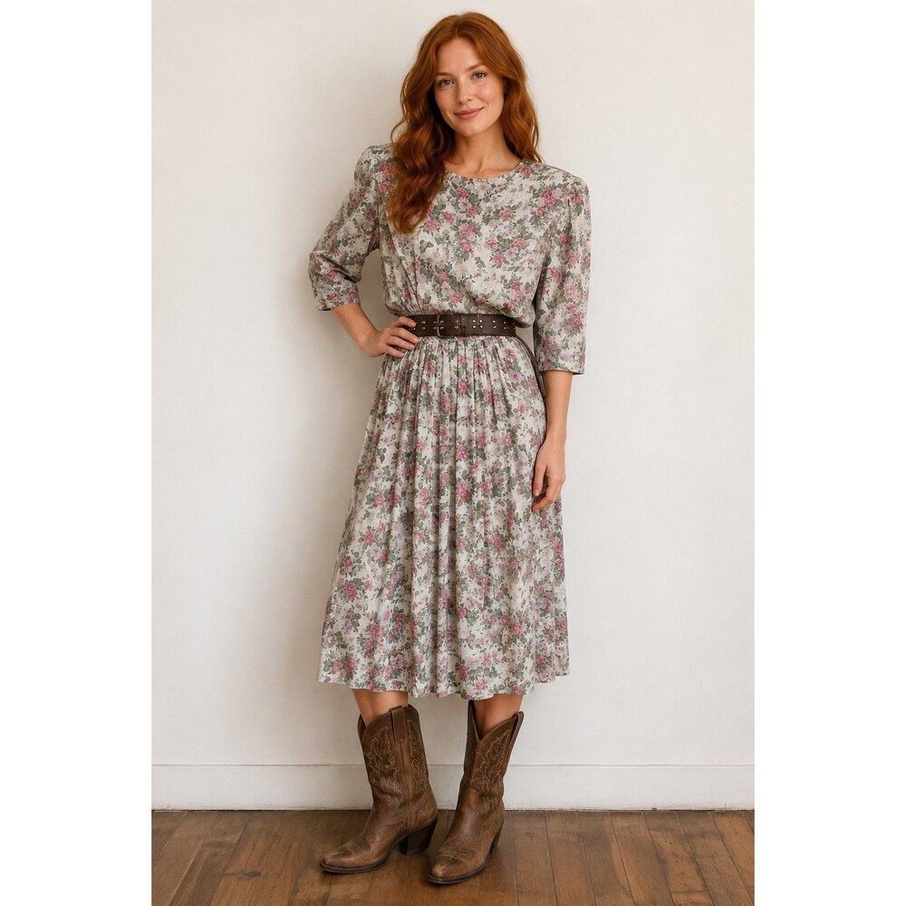 Vintage 80s California Looks Floral Midi  Dress USA Size: See Photo Measurements